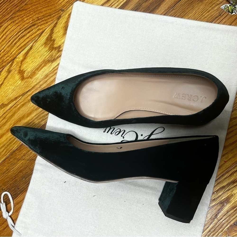 J.Crew Avery Velvet Pointed Toe Block Heel Pumps Dark Forest Green US 9
